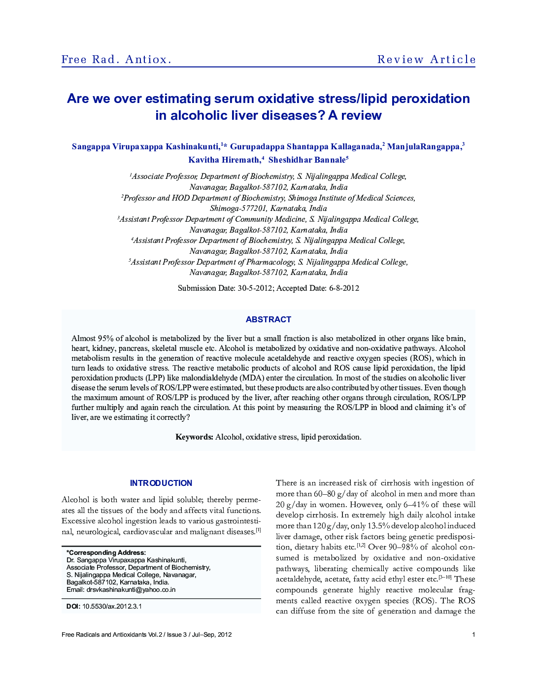عکس صفحه اول مقاله: Are we over estimating serum oxidative stress/lipid peroxidation in alcoholic liver diseases? A review Are we over estimating serum oxidative stress/lipid peroxidation in alcoholic liver diseases? A review