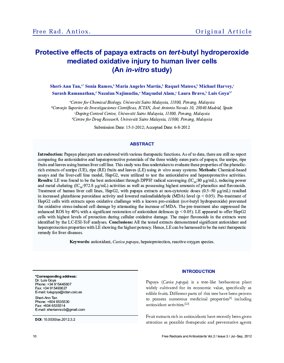 Protective effects of papaya extracts on tert-butyl hydroperoxide mediated oxidative injury to human liver cells (An in-vitro study)