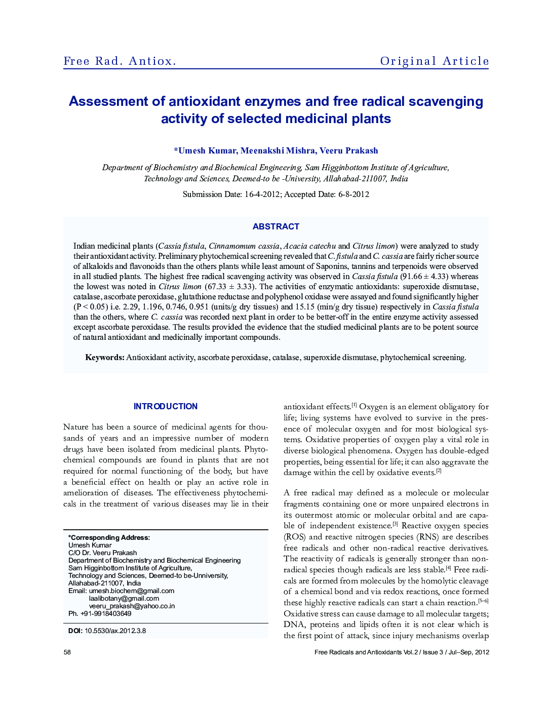 Assessment of antioxidant enzymes and free radical scavenging activity of selected medicinal plants
