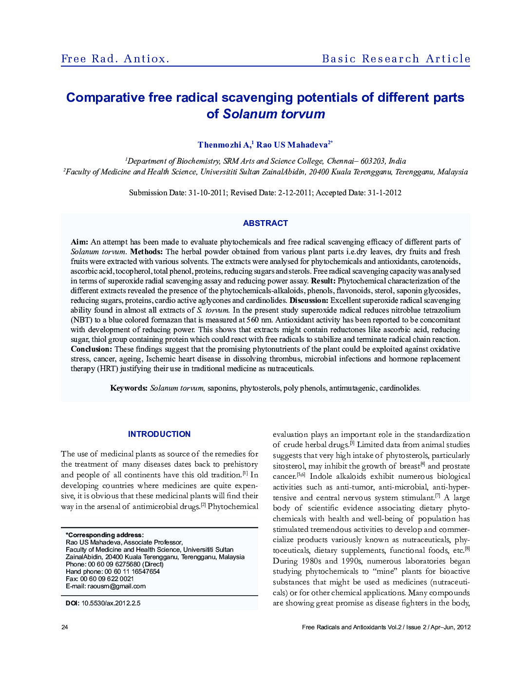 Comparative free radical scavenging potentials of different parts of Solanum torvum