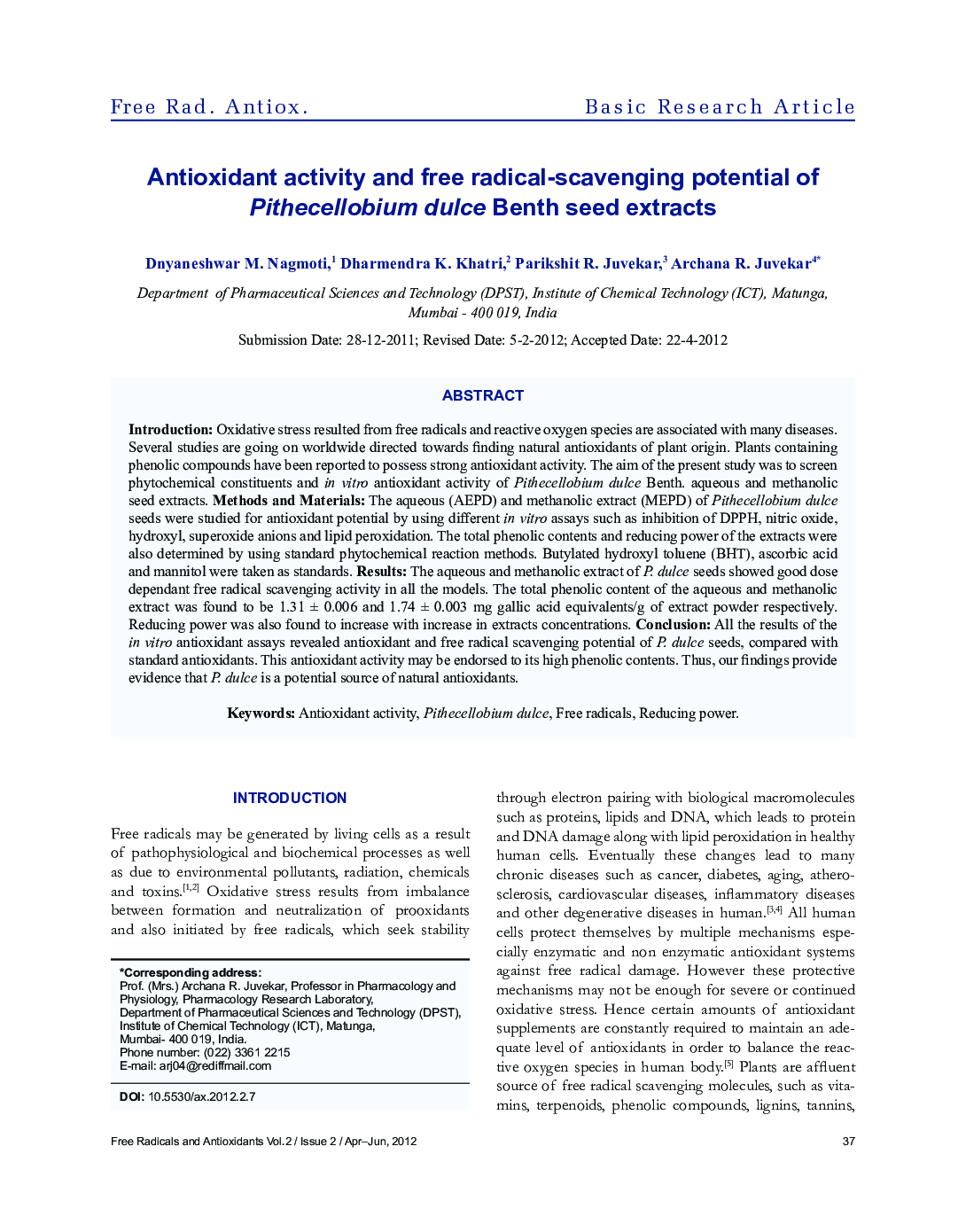 عکس صفحه اول مقاله: Antioxidant activity free radical-scavenging potential of Pithecellobium dulce Benth seed extracts Antioxidant activity free radical-scavenging potential of Pithecellobium dulce Benth seed extracts