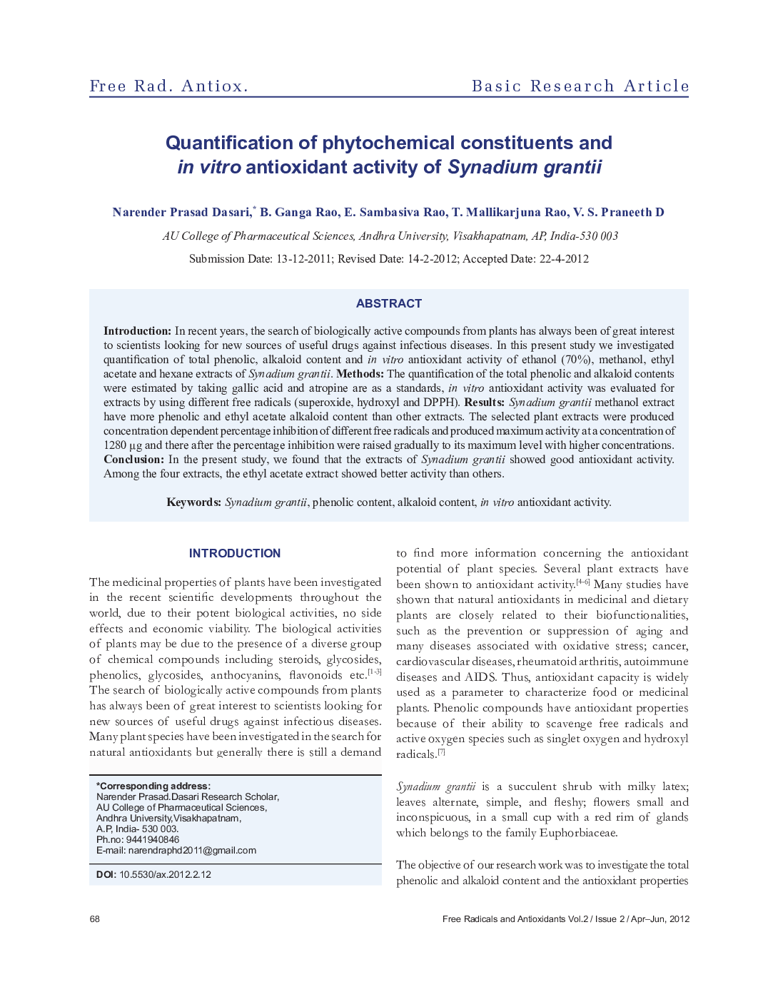عکس صفحه اول مقاله: Quantification of phytochemical constituents in vitro antioxidant activity of Synadium grantii Quantification of phytochemical constituents in vitro antioxidant activity of Synadium grantii