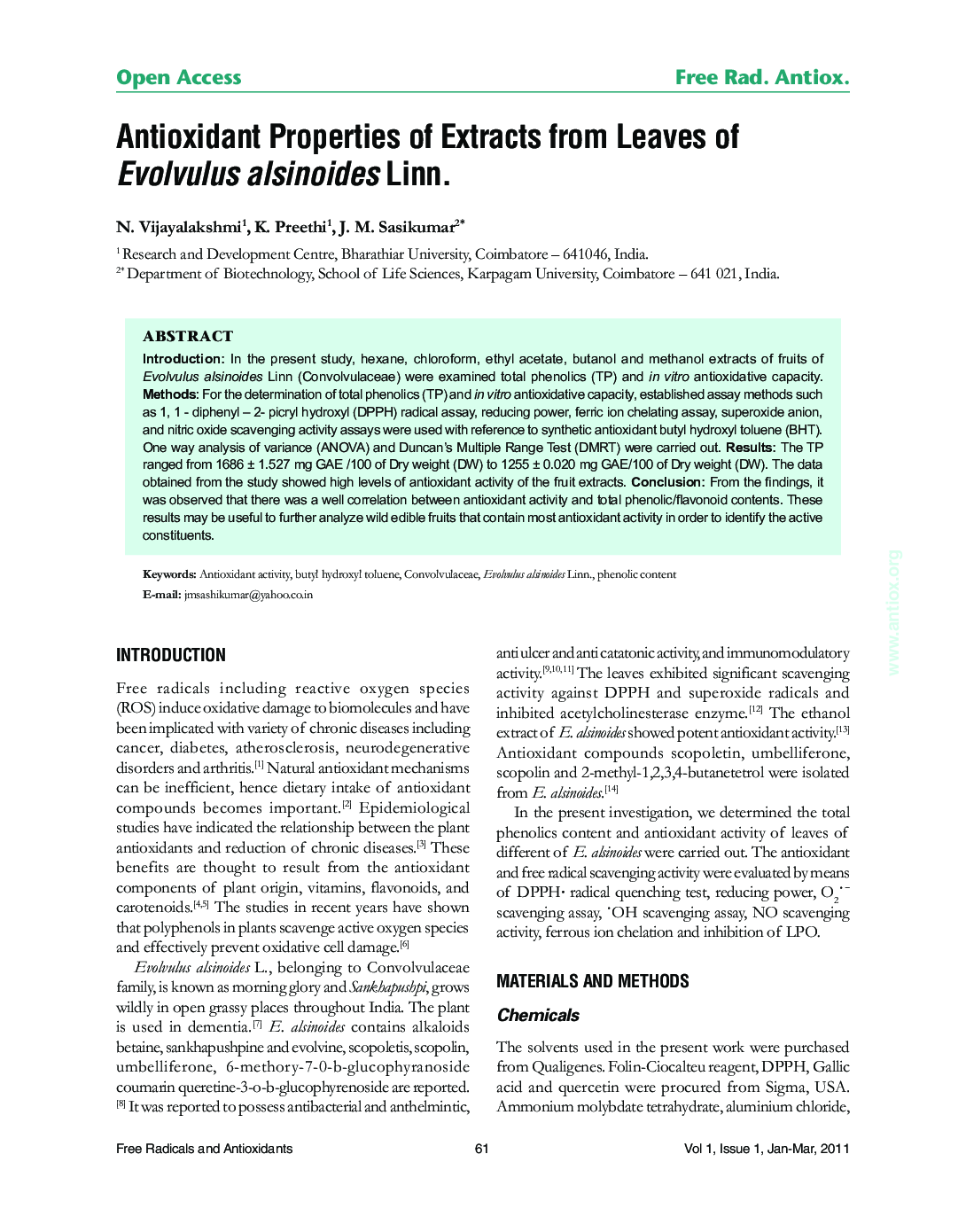 Antioxidant Properties of Extracts from Leaves of Evolvulus alsinoides Linn.