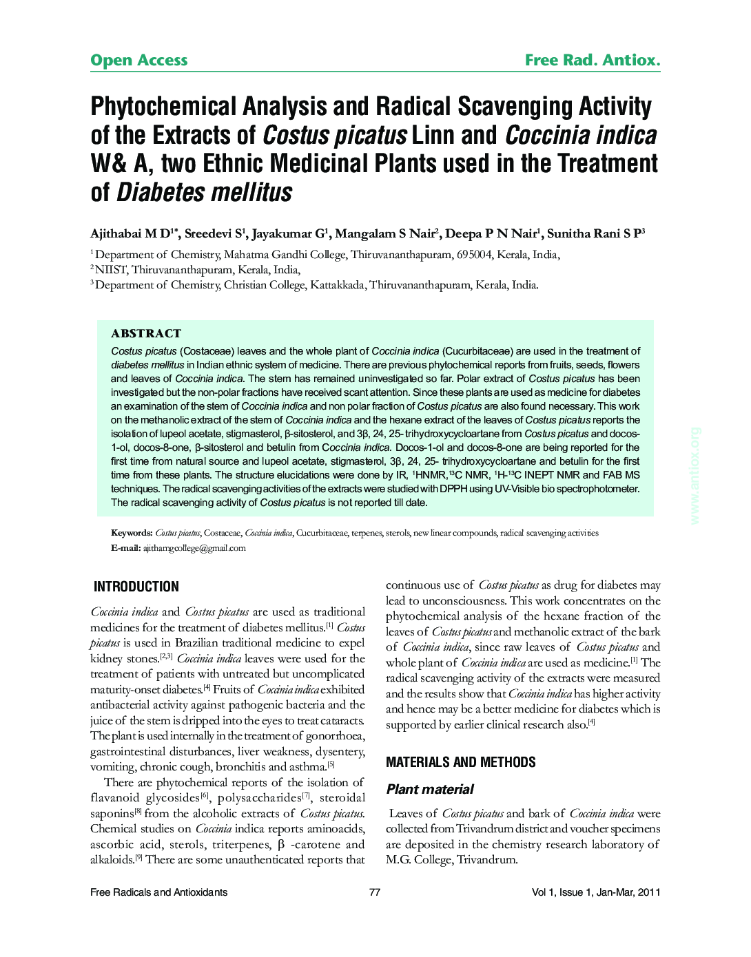 Phytochemical Analysis Radical Scavenging Activity of the Extracts of Costus picatus Linn Coccinia indica W& A, two Ethnic Medicinal Plants used in the Treatment of Diabetes mellitus