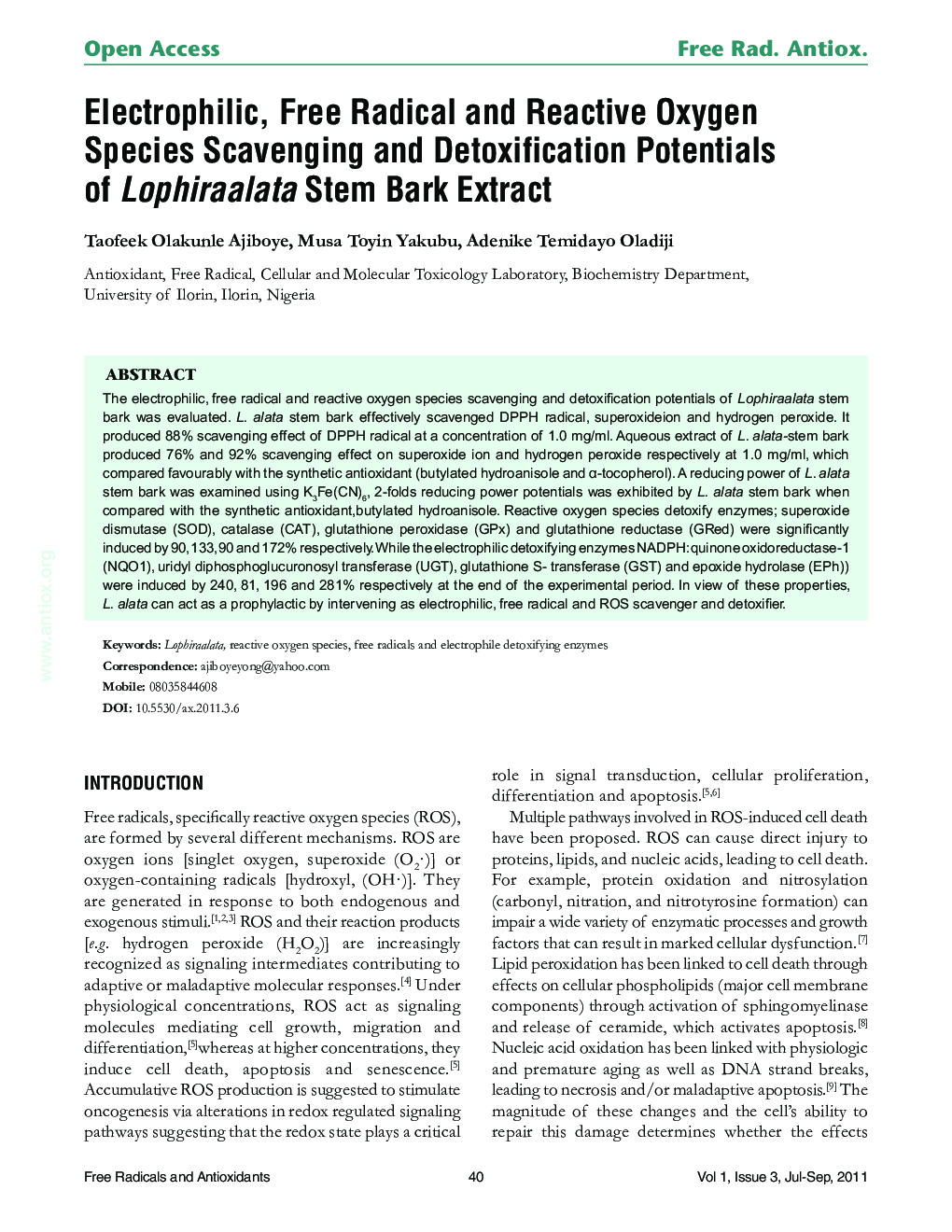 Electrophilic, Free Radical and Reactive Oxygen Species Scavenging and Detoxification Potentials of Lophiraalata Stem Bark Extract