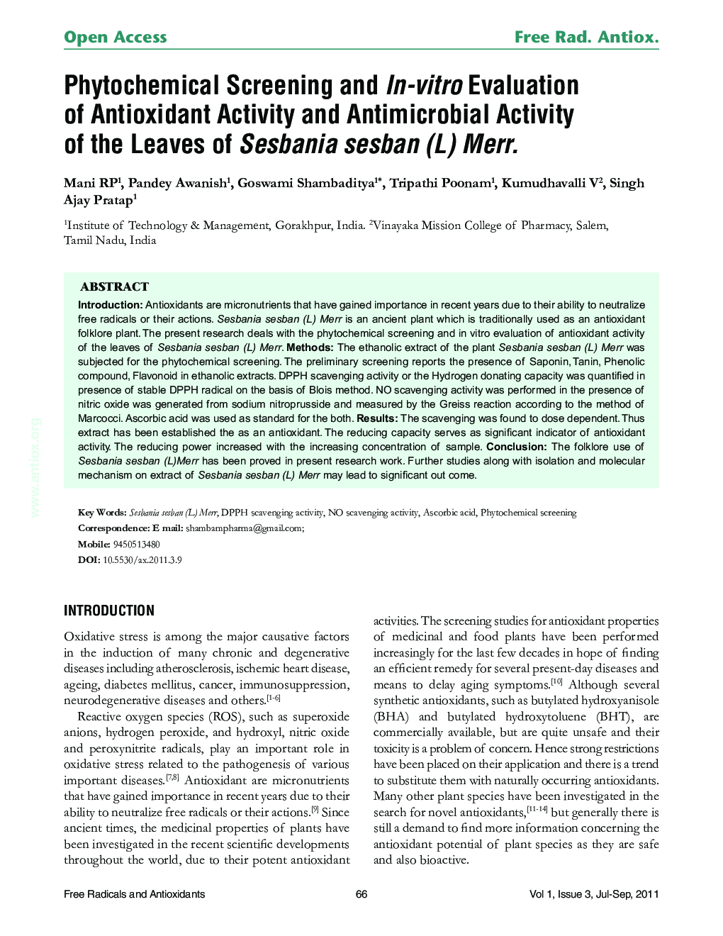 Phytochemical Screening and In-vitro Evaluation of Antioxidant Activity and Antimicrobial Activity of the Leaves of Sesbania sesban (L) Merr.