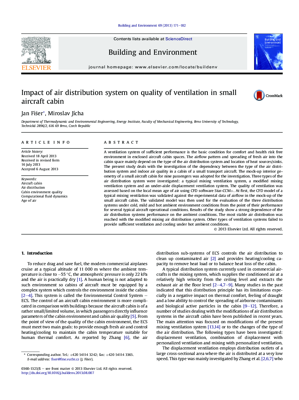 Impact of air distribution system on quality of ventilation in small aircraft cabin