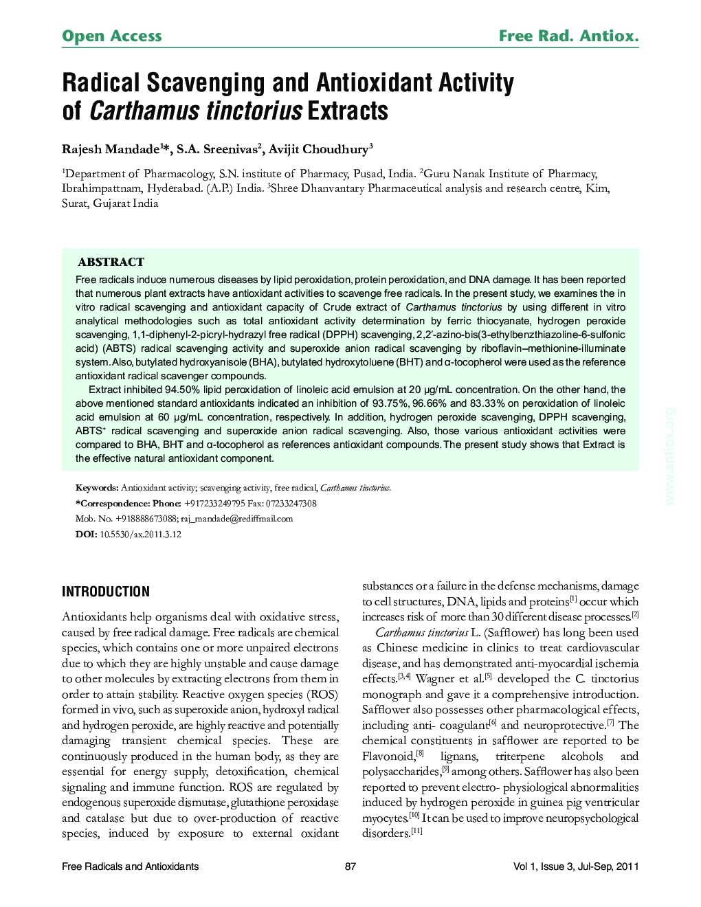 Radical Scavenging and Antioxidant Activity of Carthamus tinctorius Extracts