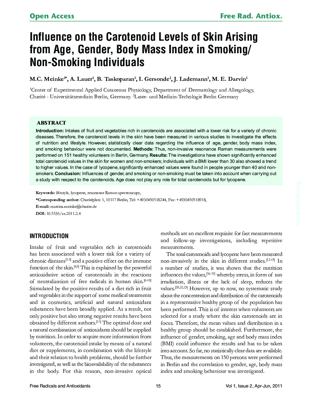 Influence on the Carotenoid Levels of Skin Arising from Age, Gender, Body Mass Index in Smoking/Non-Smoking Individuals