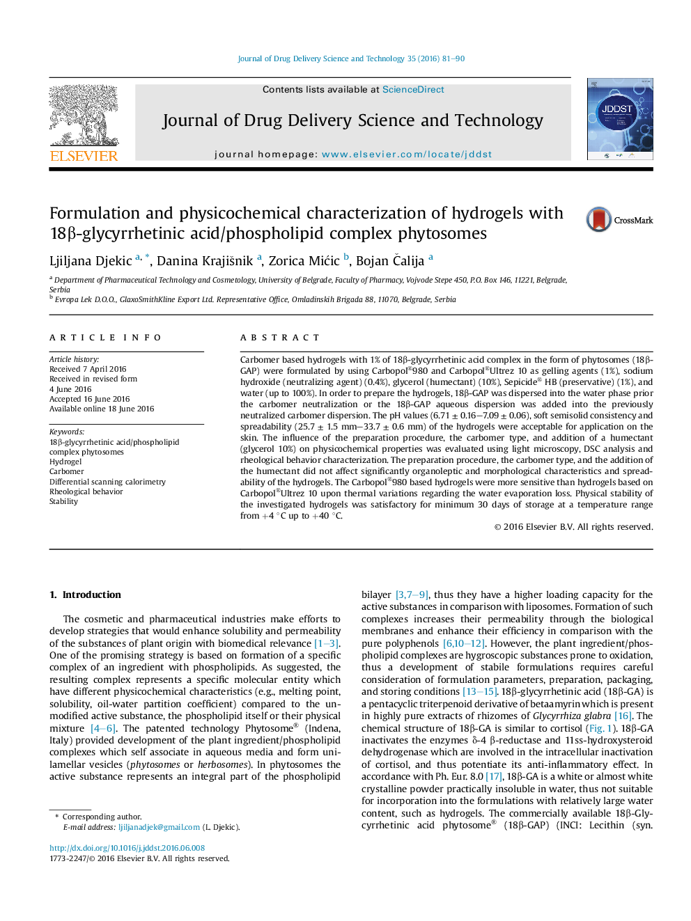 Formulation and physicochemical characterization of hydrogels with 18Î²-glycyrrhetinic acid/phospholipid complex phytosomes