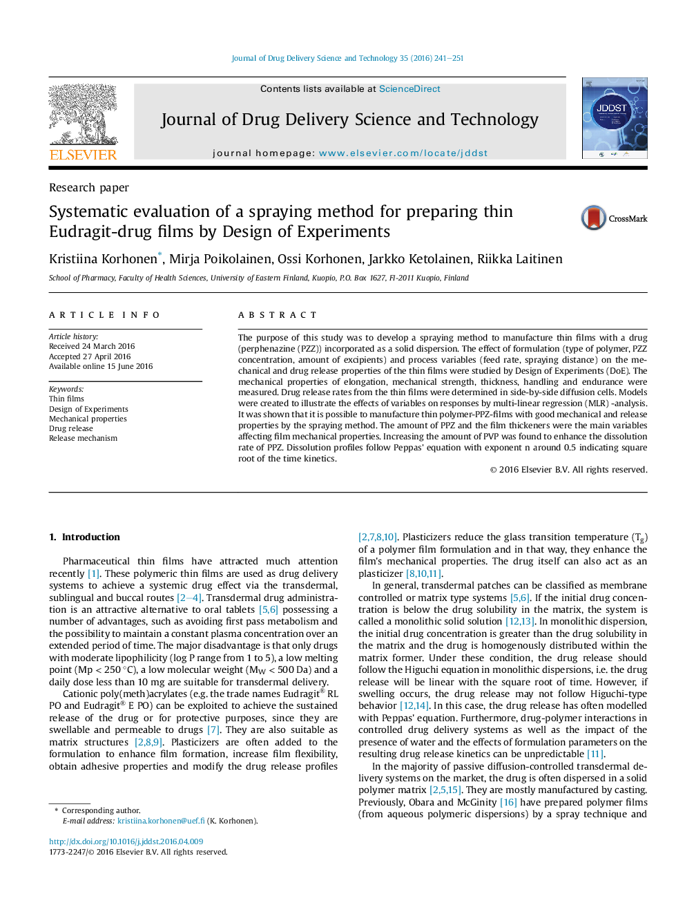 Systematic evaluation of a spraying method for preparing thin Eudragit-drug films by Design of Experiments