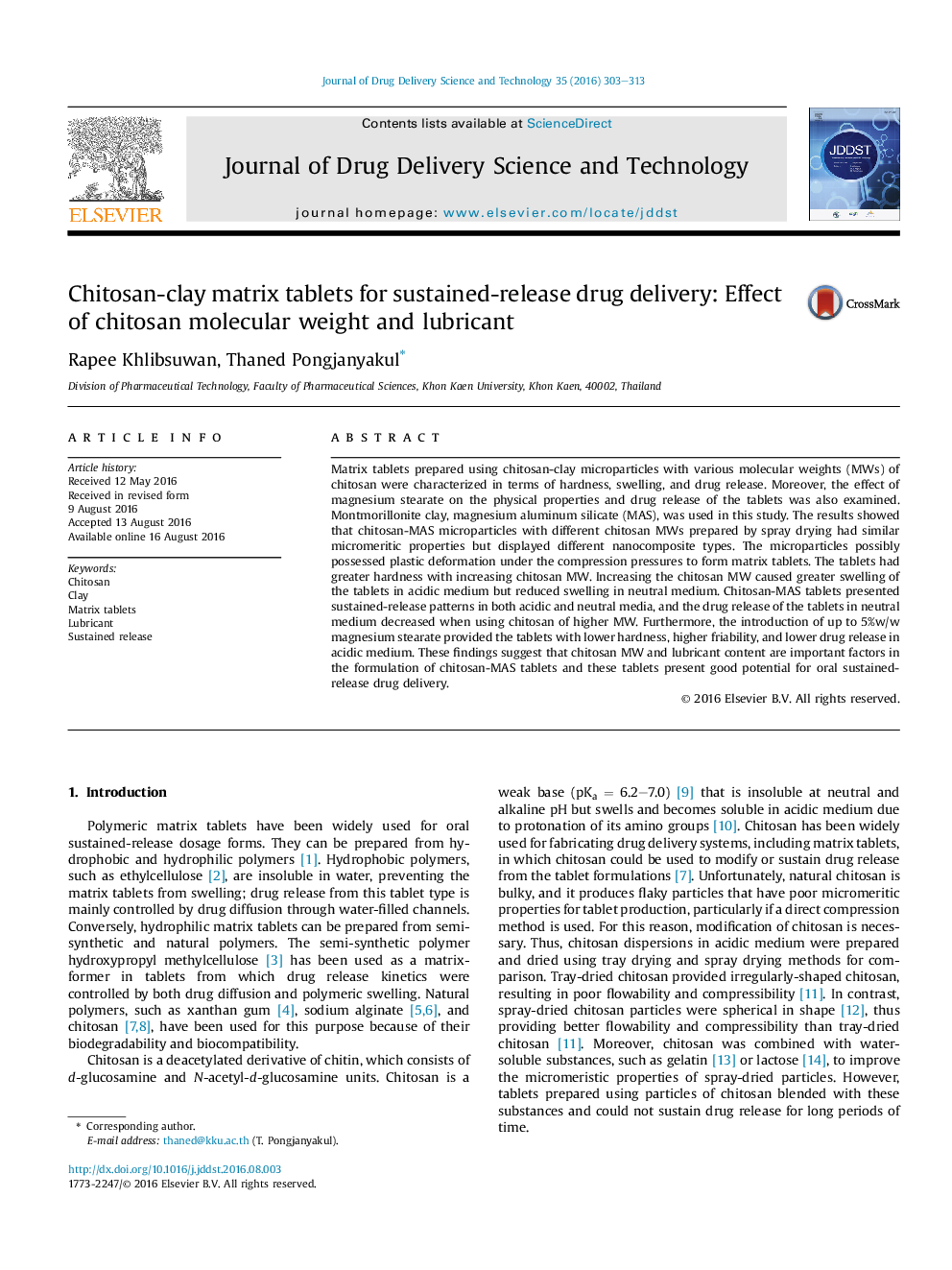 Chitosan-clay matrix tablets for sustained-release drug delivery: Effect of chitosan molecular weight and lubricant