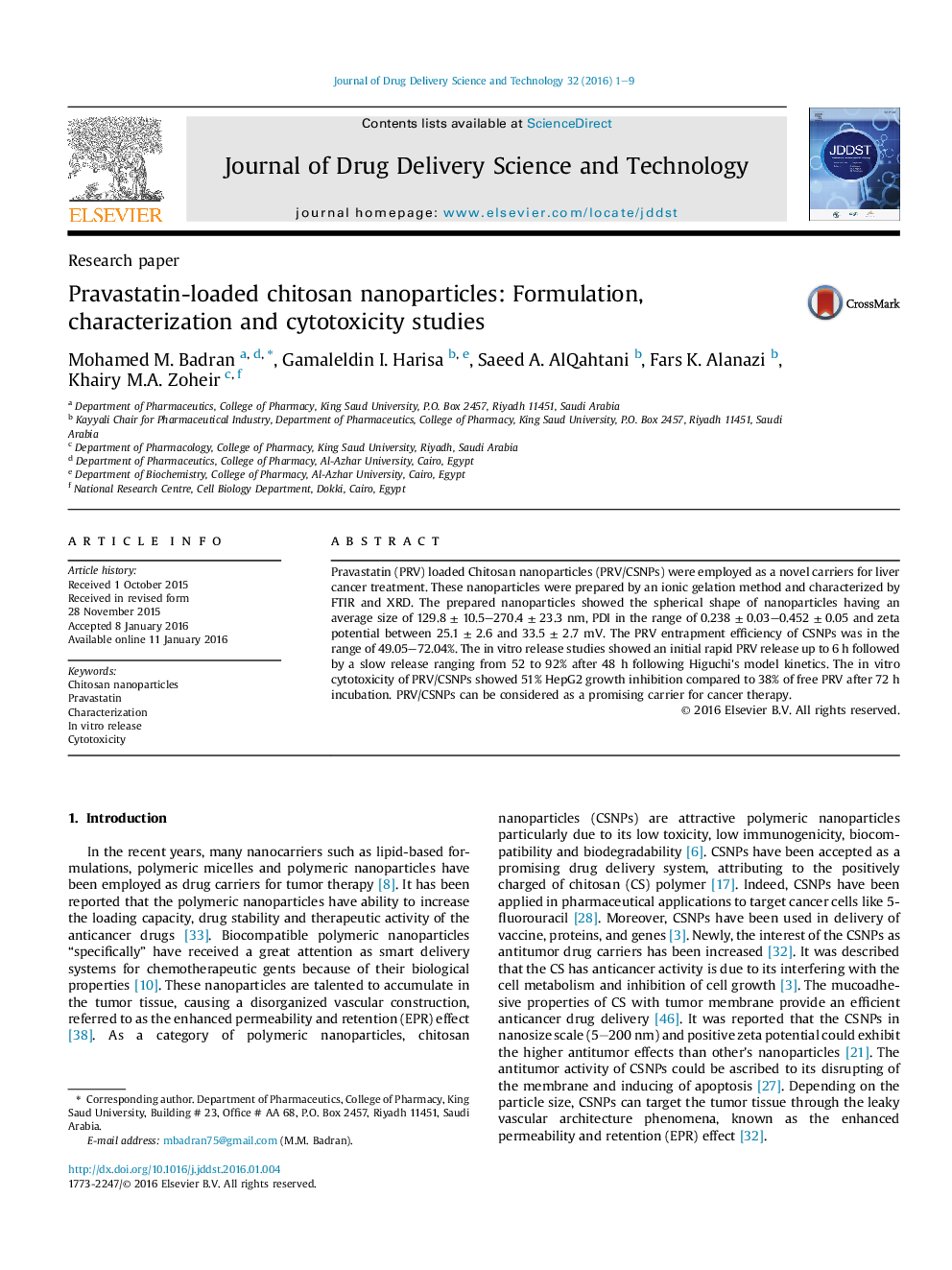 Pravastatin-loaded chitosan nanoparticles: Formulation, characterization and cytotoxicity studies