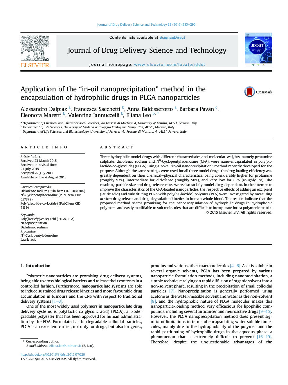 Application of the “in-oil nanoprecipitation” method in the encapsulation of hydrophilic drugs in PLGA nanoparticles