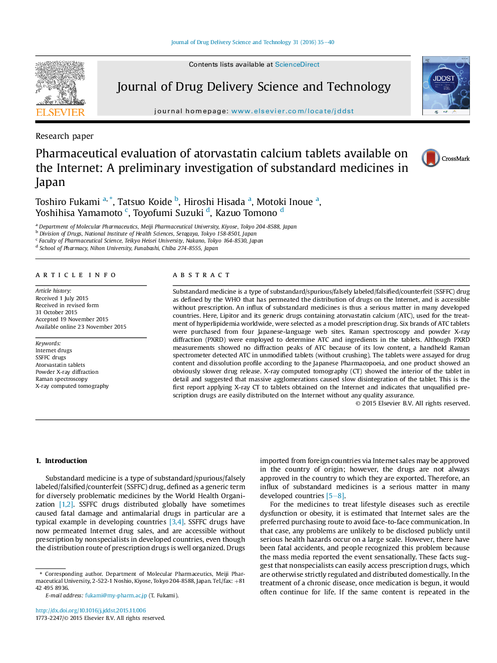 Pharmaceutical evaluation of atorvastatin calcium tablets available on the Internet: A preliminary investigation of substandard medicines in Japan