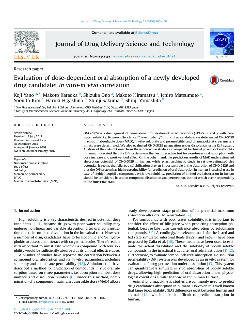 Evaluation of dose-dependent oral absorption of a newly developed drug candidate: In vitro-in vivo correlation