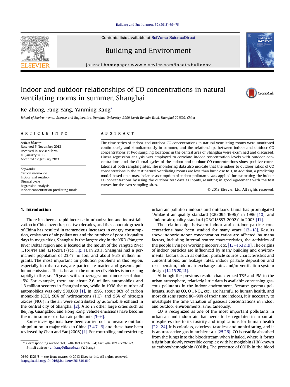 Indoor and outdoor relationships of CO concentrations in natural ventilating rooms in summer, Shanghai