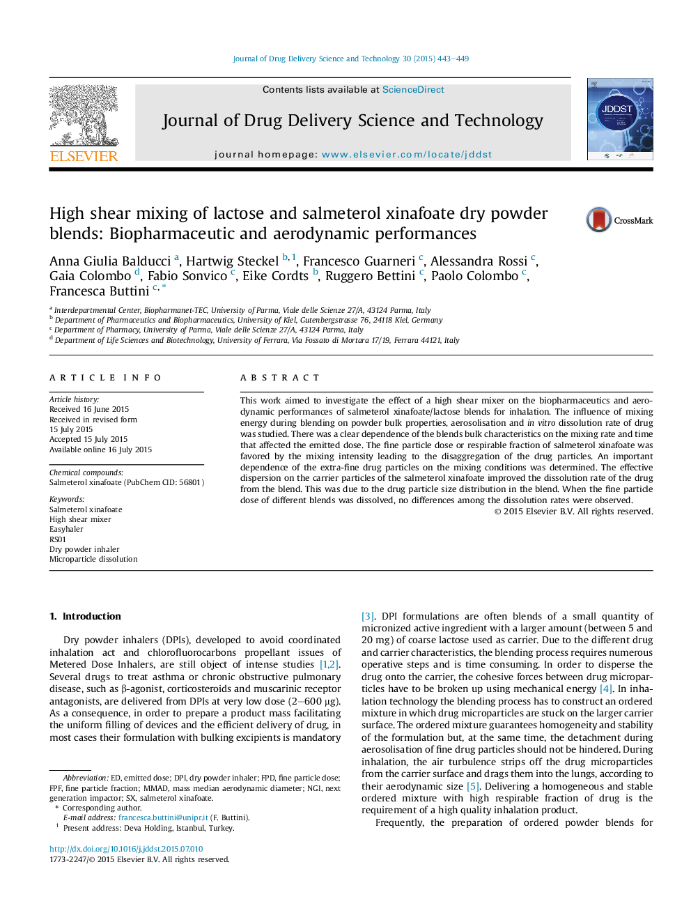 High shear mixing of lactose and salmeterol xinafoate dry powder blends: Biopharmaceutic and aerodynamic performances