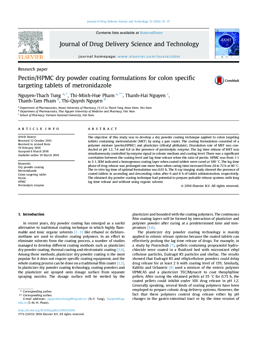 Pectin/HPMC dry powder coating formulations for colon specific targeting tablets of metronidazole