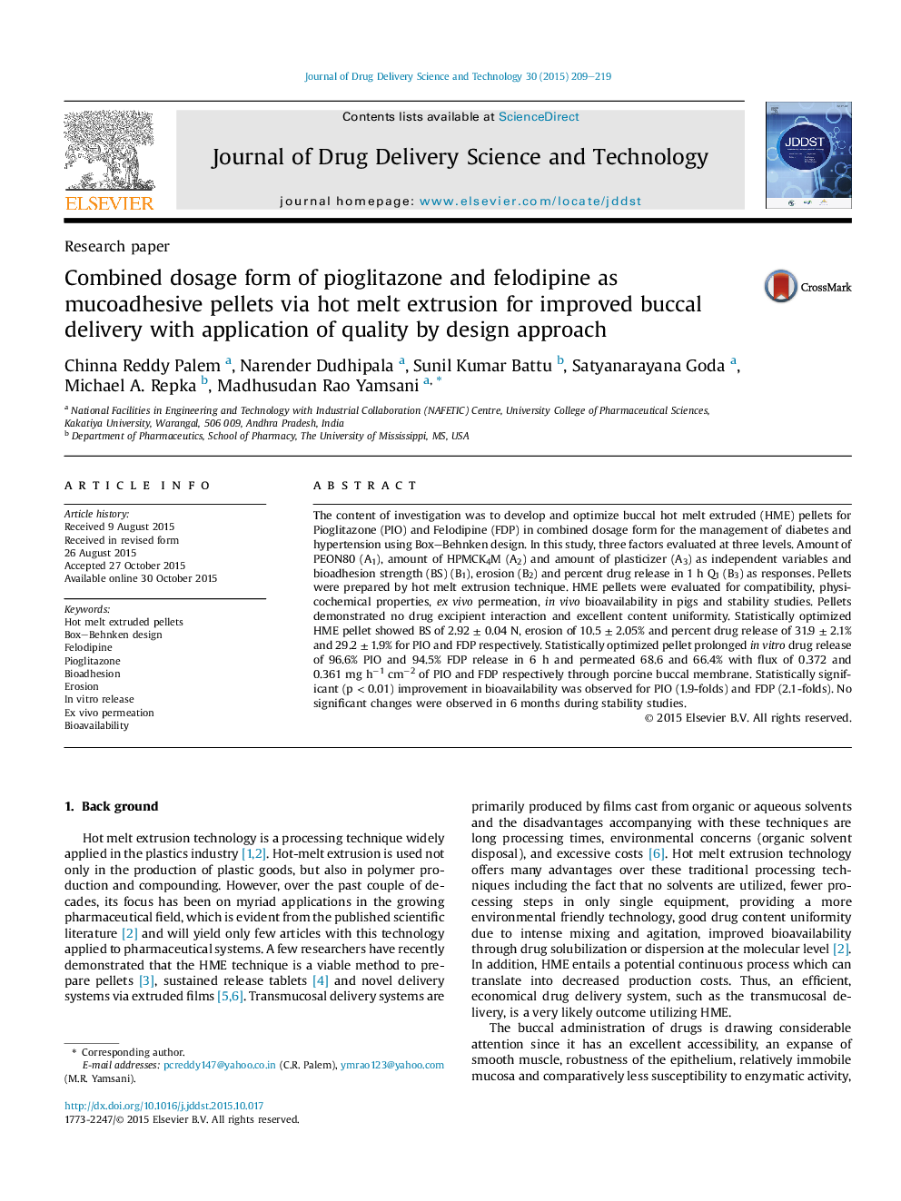 Combined dosage form of pioglitazone and felodipine as mucoadhesive pellets via hot melt extrusion for improved buccal delivery with application of quality by design approach