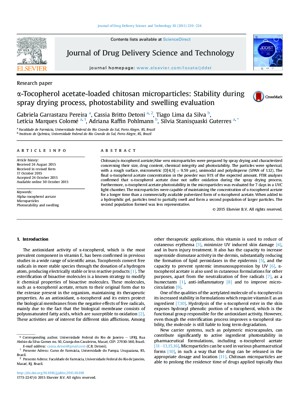 α-Tocopherol acetate-loaded chitosan microparticles: Stability during spray drying process, photostability and swelling evaluation