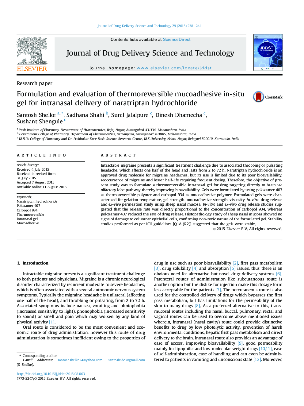 Formulation and evaluation of thermoreversible mucoadhesive in-situ gel for intranasal delivery of naratriptan hydrochloride