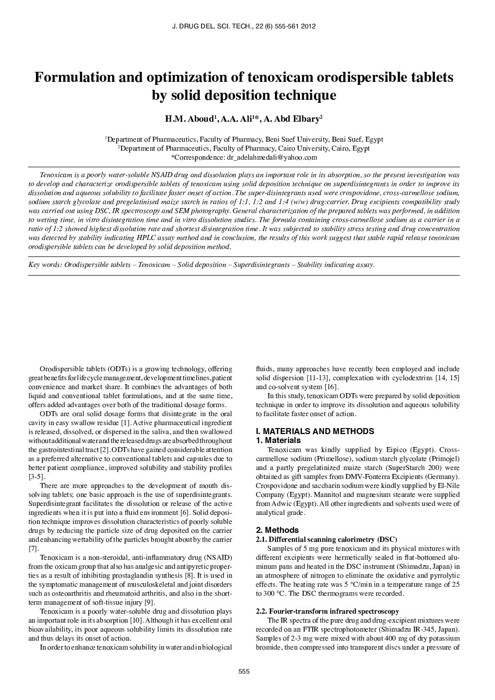 Formulation and optimization of tenoxicam orodispersible tablets by solid deposition technique