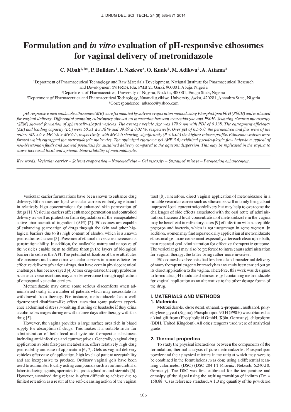 عکس صفحه اول مقاله: Formulation and in vitro evaluation of pH-responsive ethosomes for vaginal delivery of metronidazole Formulation and in vitro evaluation of pH-responsive ethosomes for vaginal delivery of metronidazole