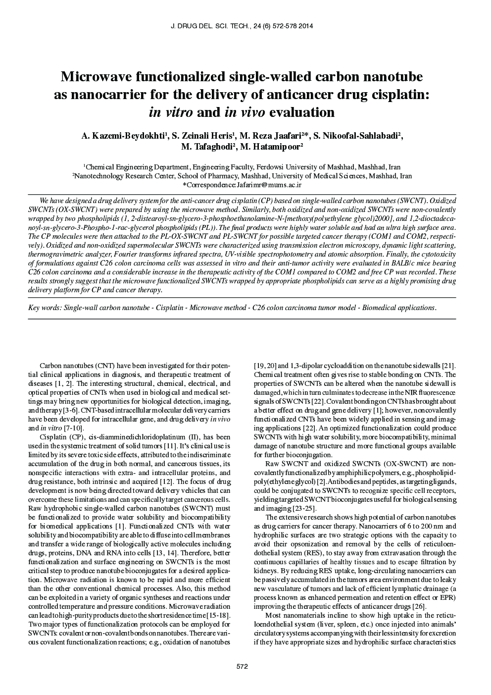 عکس صفحه اول مقاله: Microwave functionalized single-walled carbon nanotube as nanocarrier for the delivery of anticancer drug cisplatin: in vitro and in vivo evaluation Microwave functionalized single-walled carbon nanotube as nanocarrier for the delivery of anticancer drug cisplatin: in vitro and in vivo evaluation