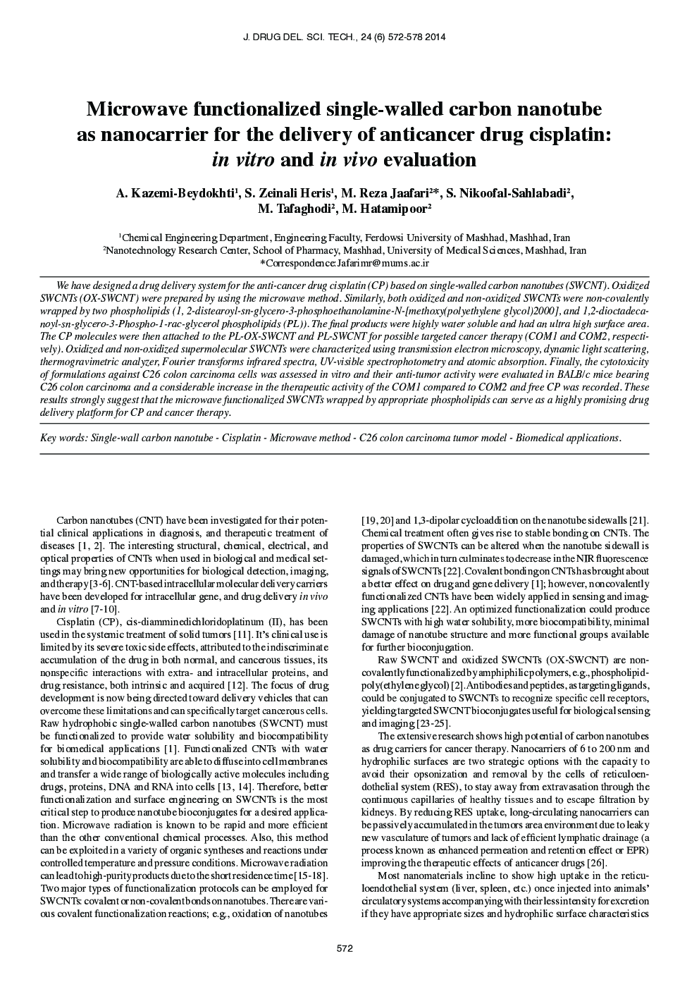 Microwave functionalized single-walled carbon nanotube as nanocarrier for the delivery of anticancer drug cisplatin: in vitro and in vivo evaluation