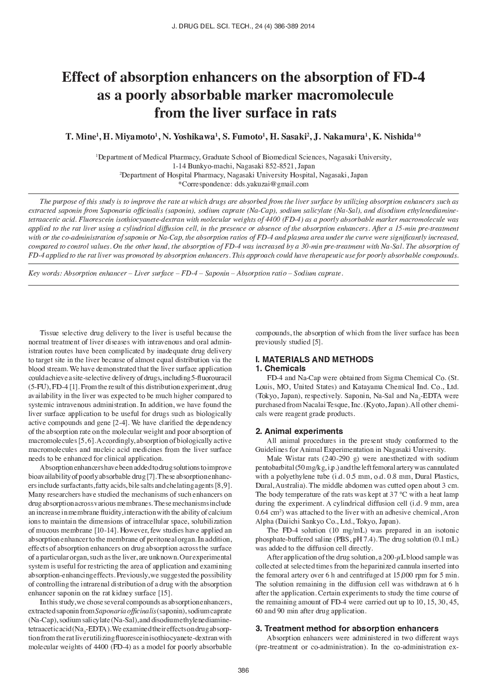 Effect of absorption enhancers on the absorption of FD-4 as a poorly absorbable marker macromolecule from the liver surface in rats