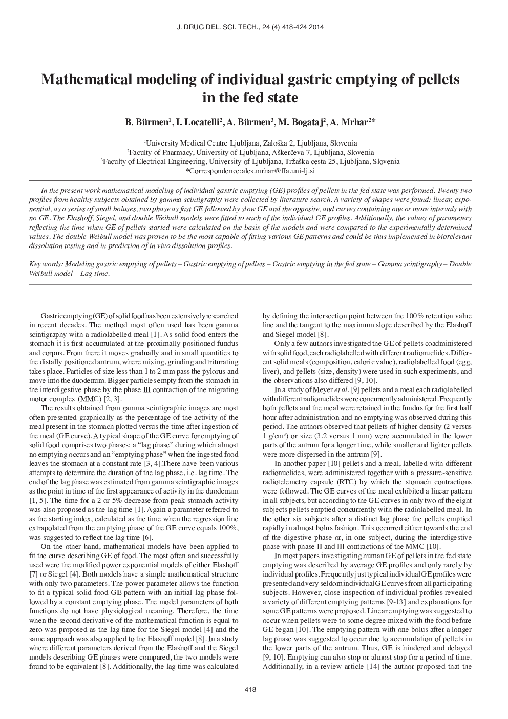 Mathematical modeling of individual gastric emptying of pellets in the fed state