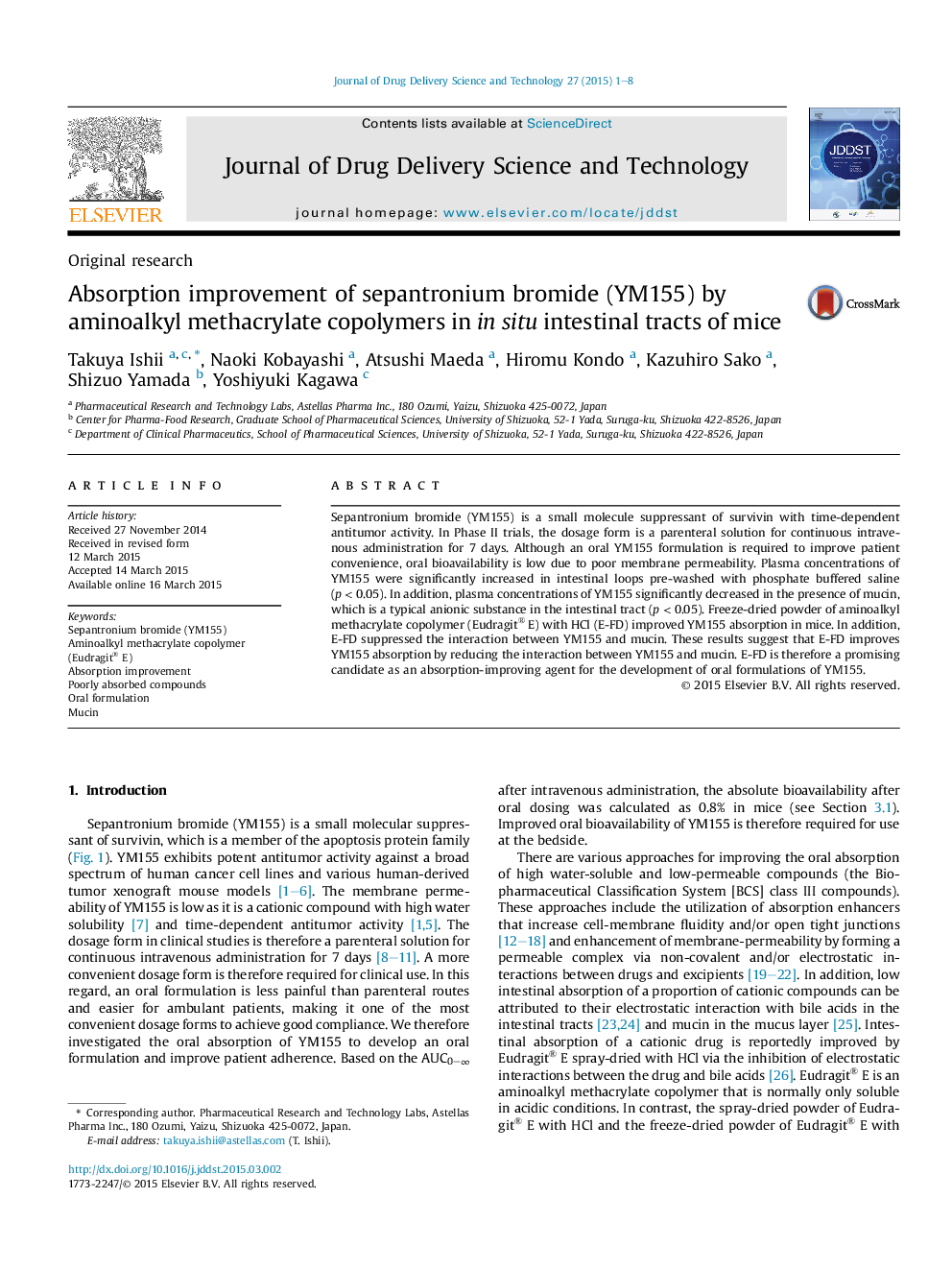 Absorption improvement of sepantronium bromide (YM155) by aminoalkyl methacrylate copolymers in in situ intestinal tracts of mice