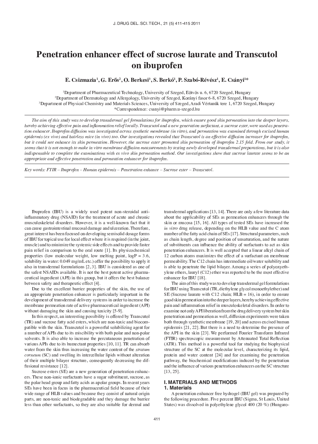 Pénétration enhancer effect of sucrose laurate and Transcutol on ibuprofen