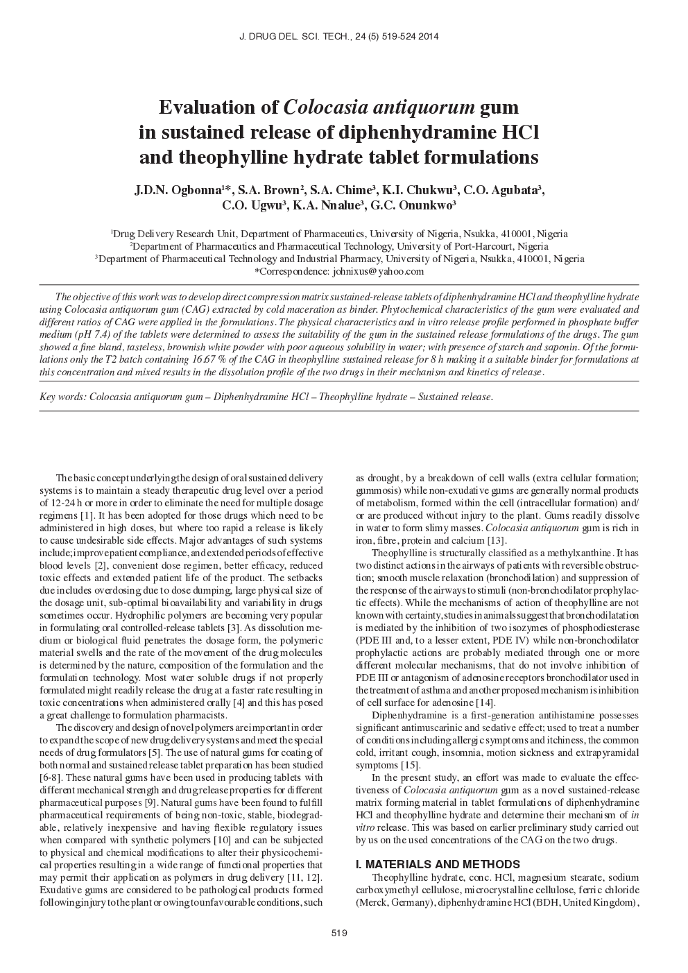 Evaluation of Colocasia antiquorum gum in sustained release of diphenhydramine HCl and theophylline hydrate tablet formulations