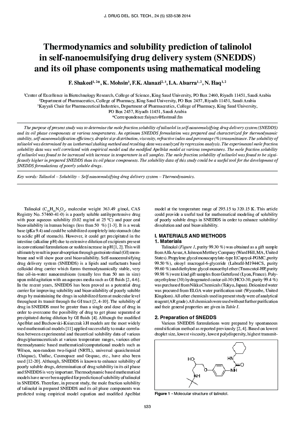 Thermodynamics and solubility prediction of talinolol in self-nanoemulsifying drug delivery system (SNEDDS) and its oil phase components using mathematical modeling