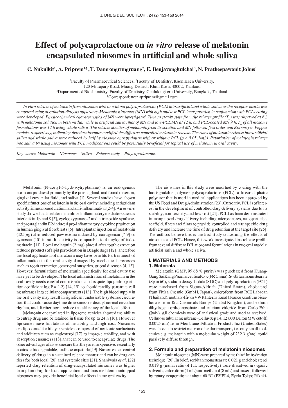 Effect of polycaprolactone on in vitro release of melatonin encapsulated niosomes in artificial and whole saliva