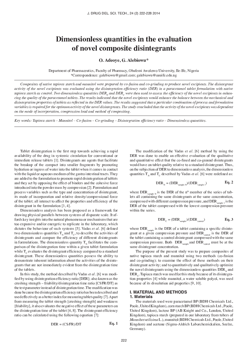 Dimensionless Quantities in the Evaluation of Novel Composite Disintegrants