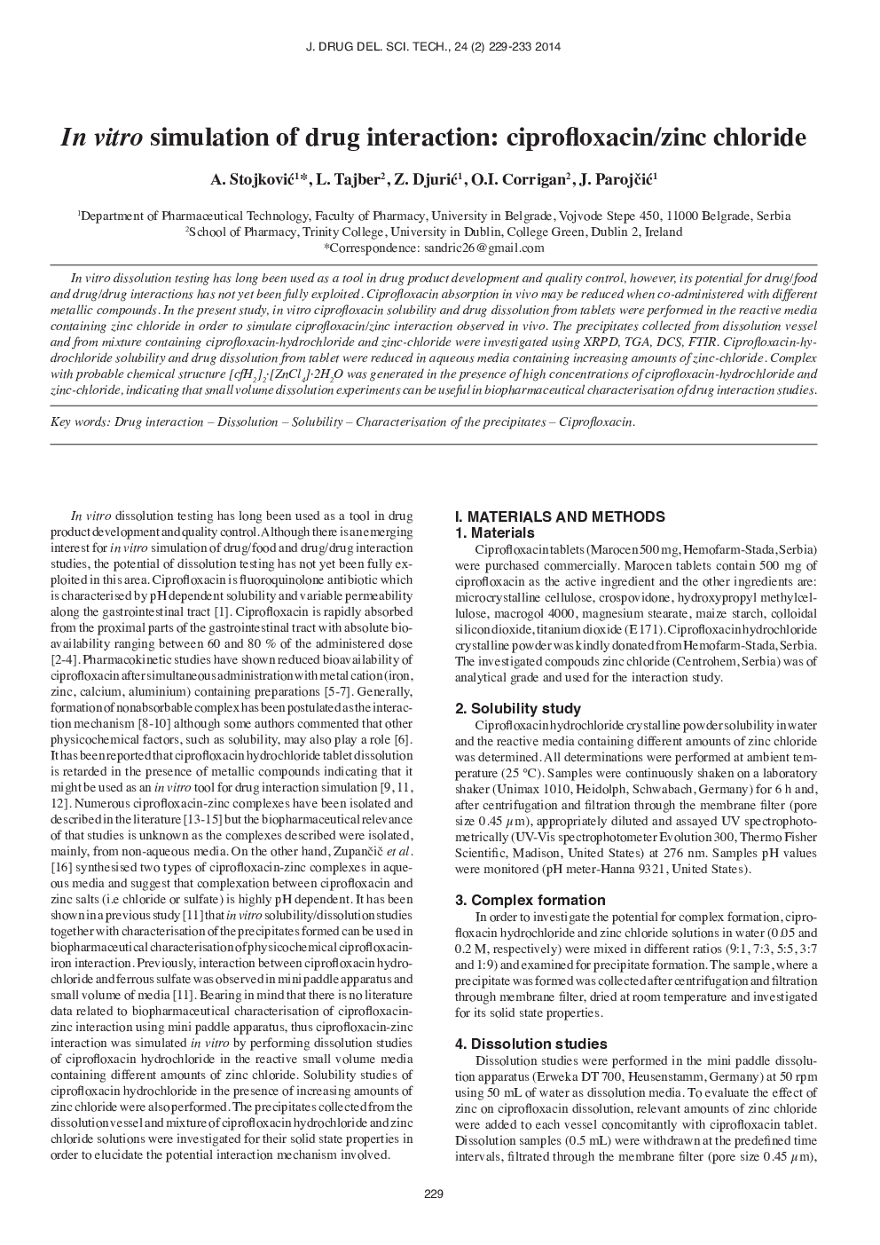 In Vitro Simulation of Drug Interaction: Ciprofloxacin/Zinc Chloride