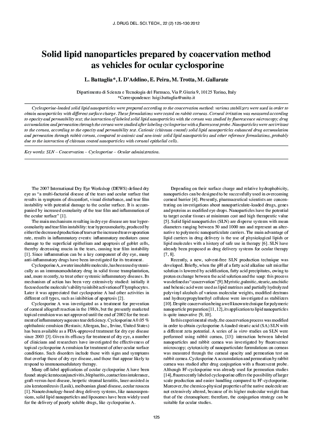 Solid lipid nanoparticles prepared by coacervation method as vehicles for ocular cyclosporine