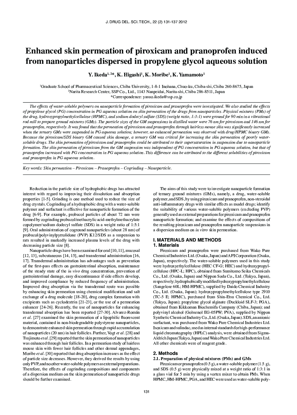 Enhanced skin permeation of piroxicam and pranoprofen induced from nanoparticles dispersed in propylene glycol aqueous solution