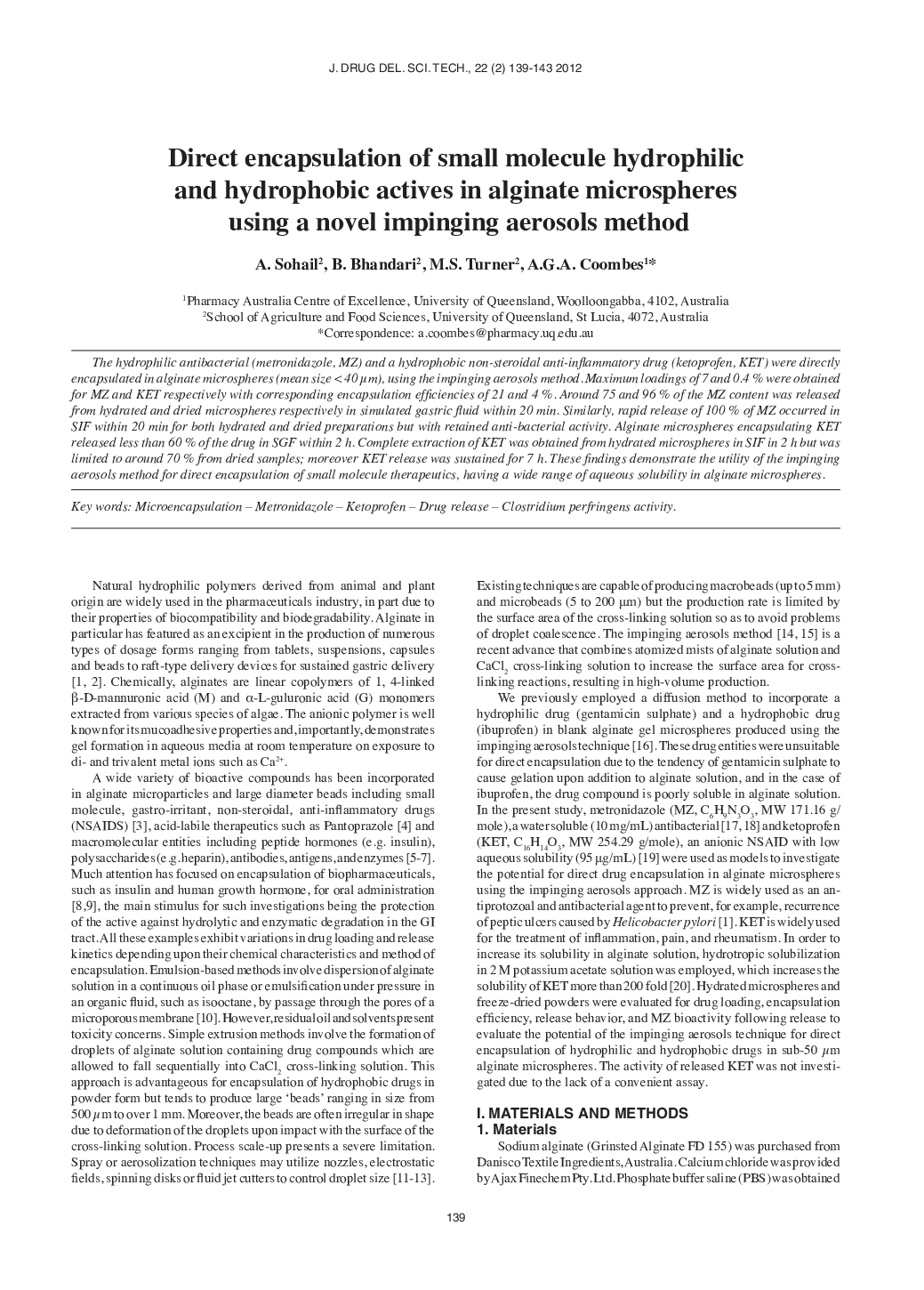 Direct encapsulation of small molecule hydrophilic and hydrophobic actives in alginate microspheres using a novel impinging aerosols method