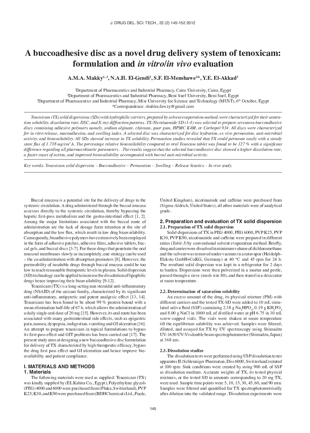 A buccoadhesive disc as a novel drug delivery system of tenoxicam: formulation and in vitro/in vivo evaluation