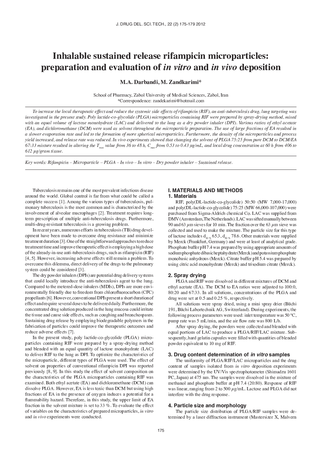 Inhalable sustained release rifampicin microparticles: preparation and evaluation of in vitro and in vivo deposition