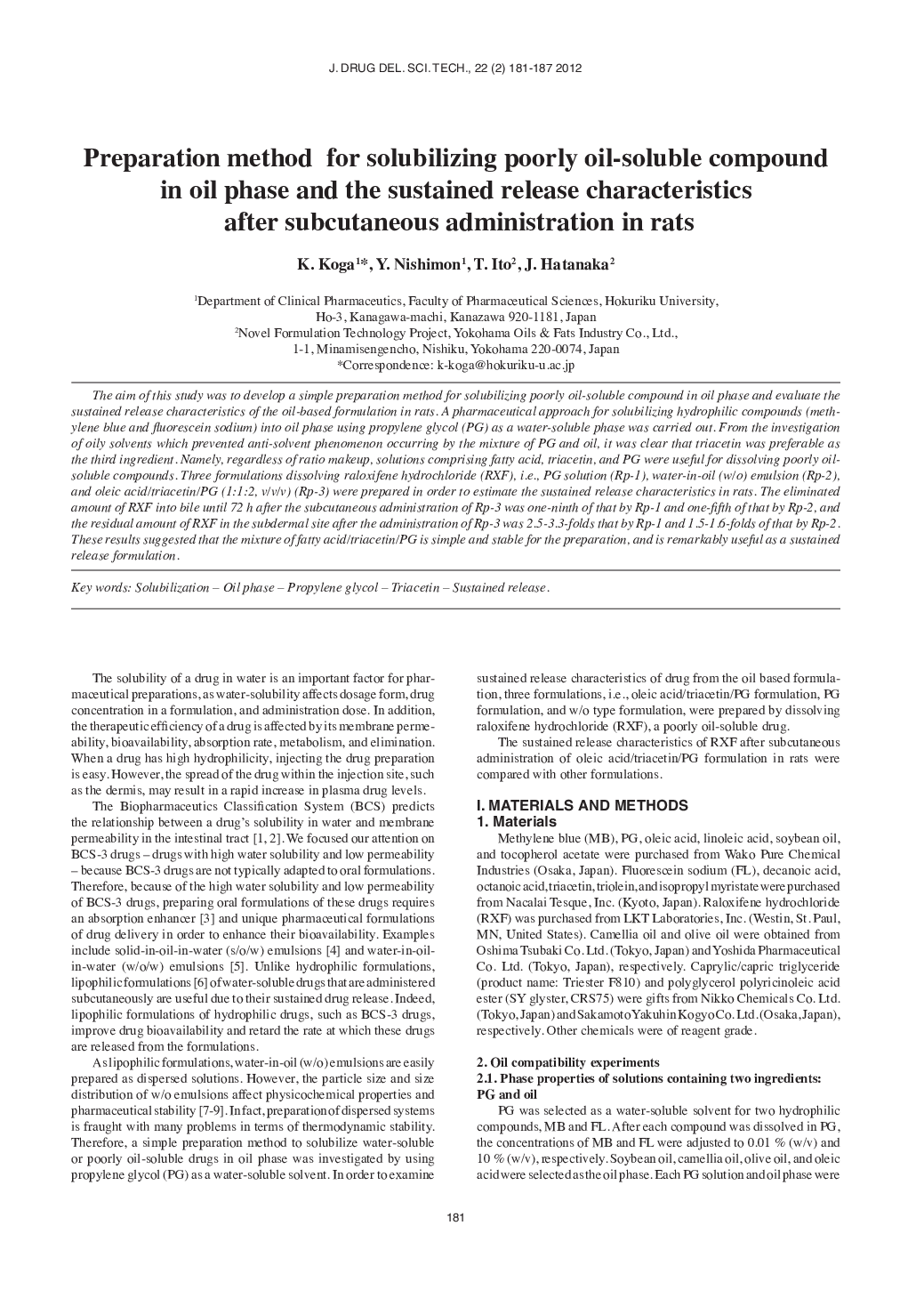Preparation method for solubilizing poorly oil-soluble compound in oil phase and the sustained release characteristics after subcutaneous administration in rats