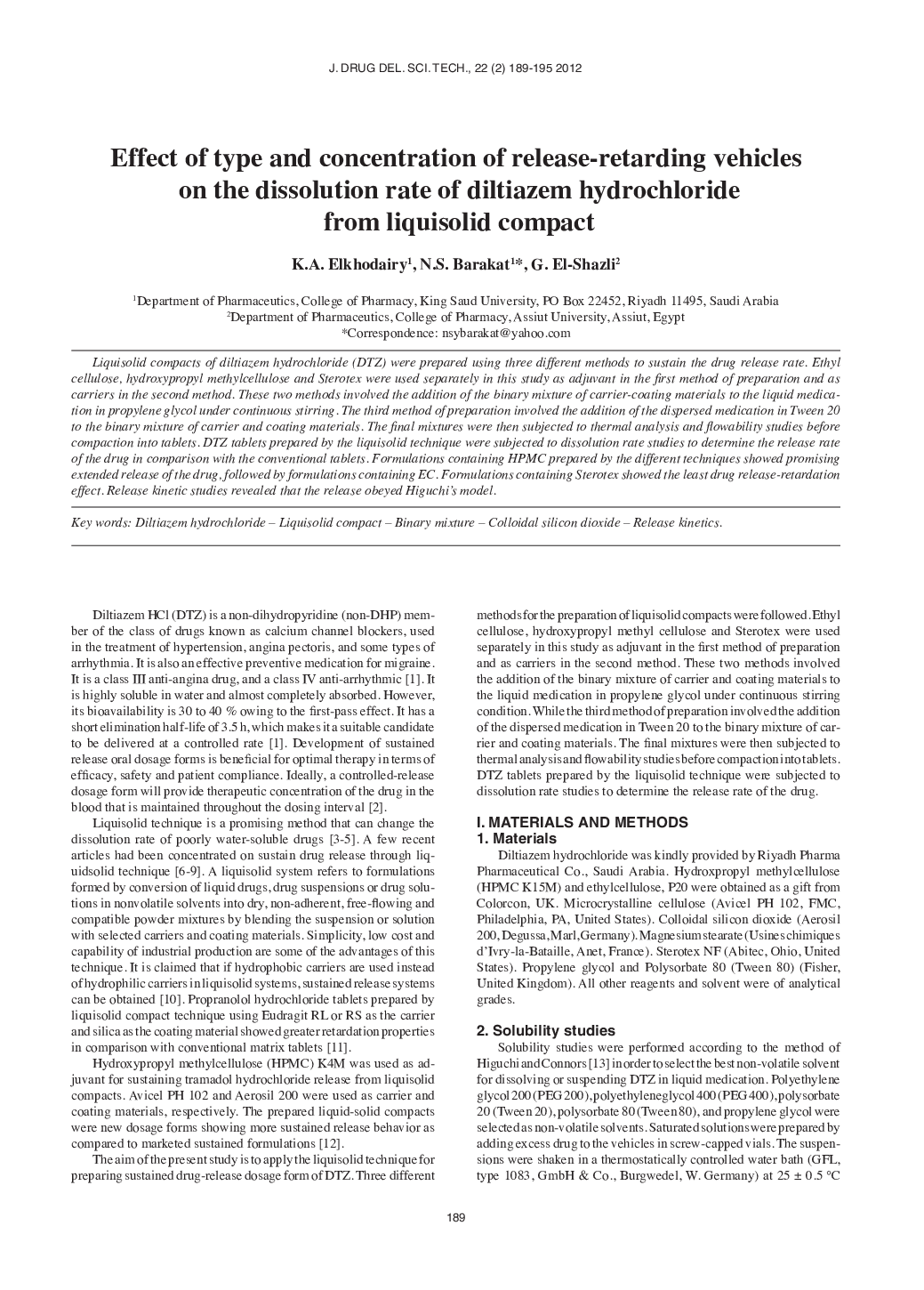 Effect of type and concentration of release-retarding vehicles on the dissolution rate of diltiazem hydrochloride from liquisolid compact