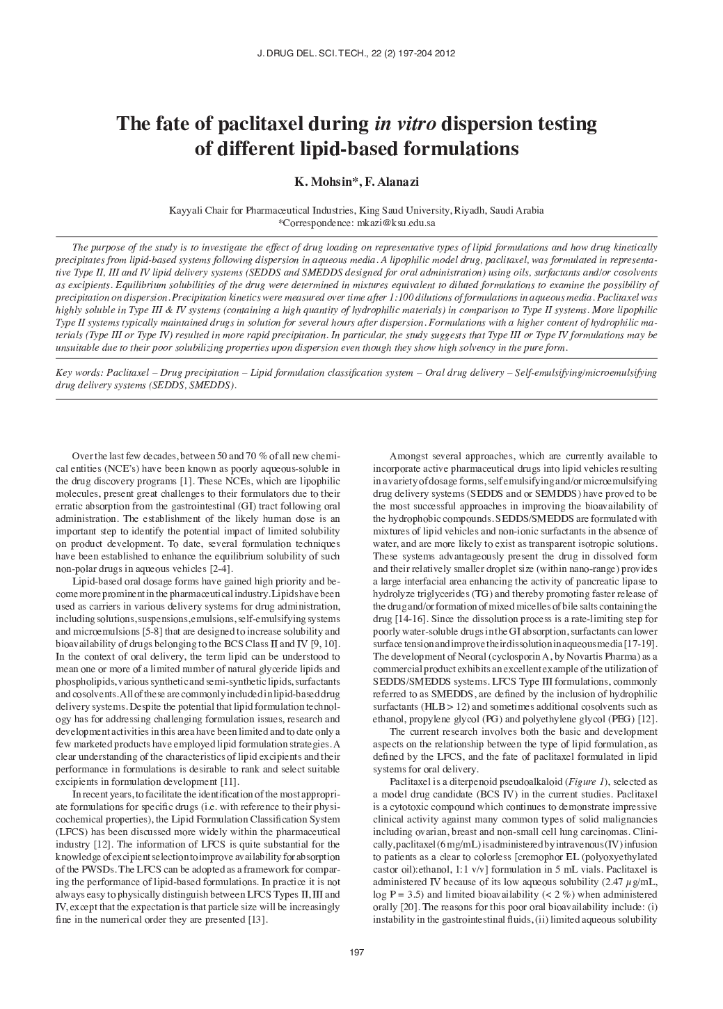 The fate of paclitaxel during in vitro dispersion testing of different lipid-based formulations