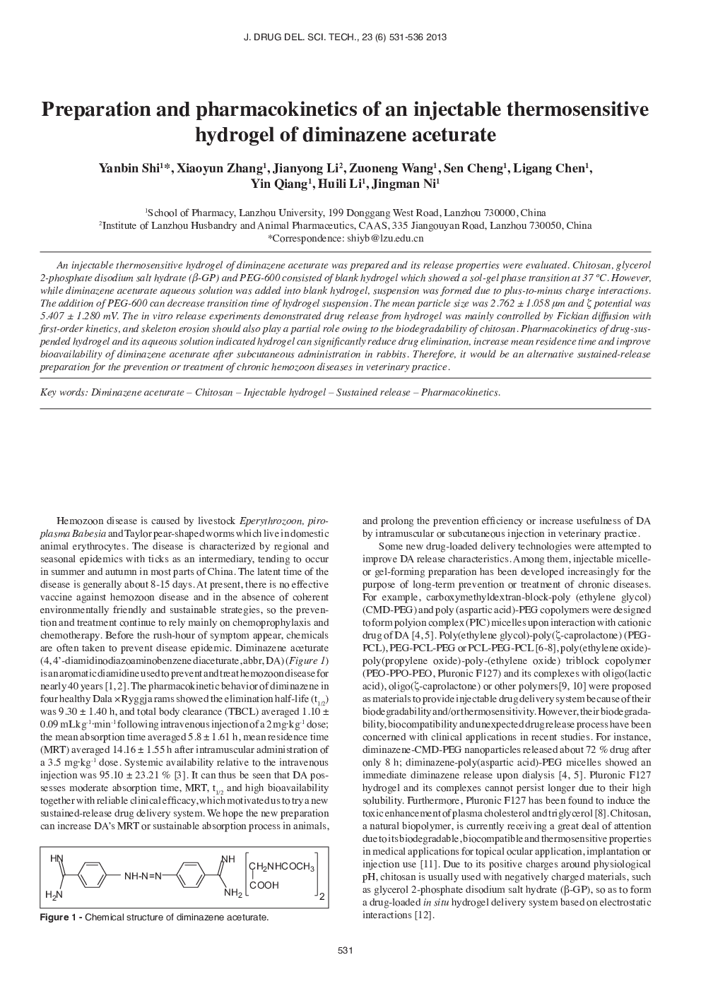 Preparation and Pharmacokinetics of an Injectable Thermosensitive Hydrogel of Diminazene Aceturate