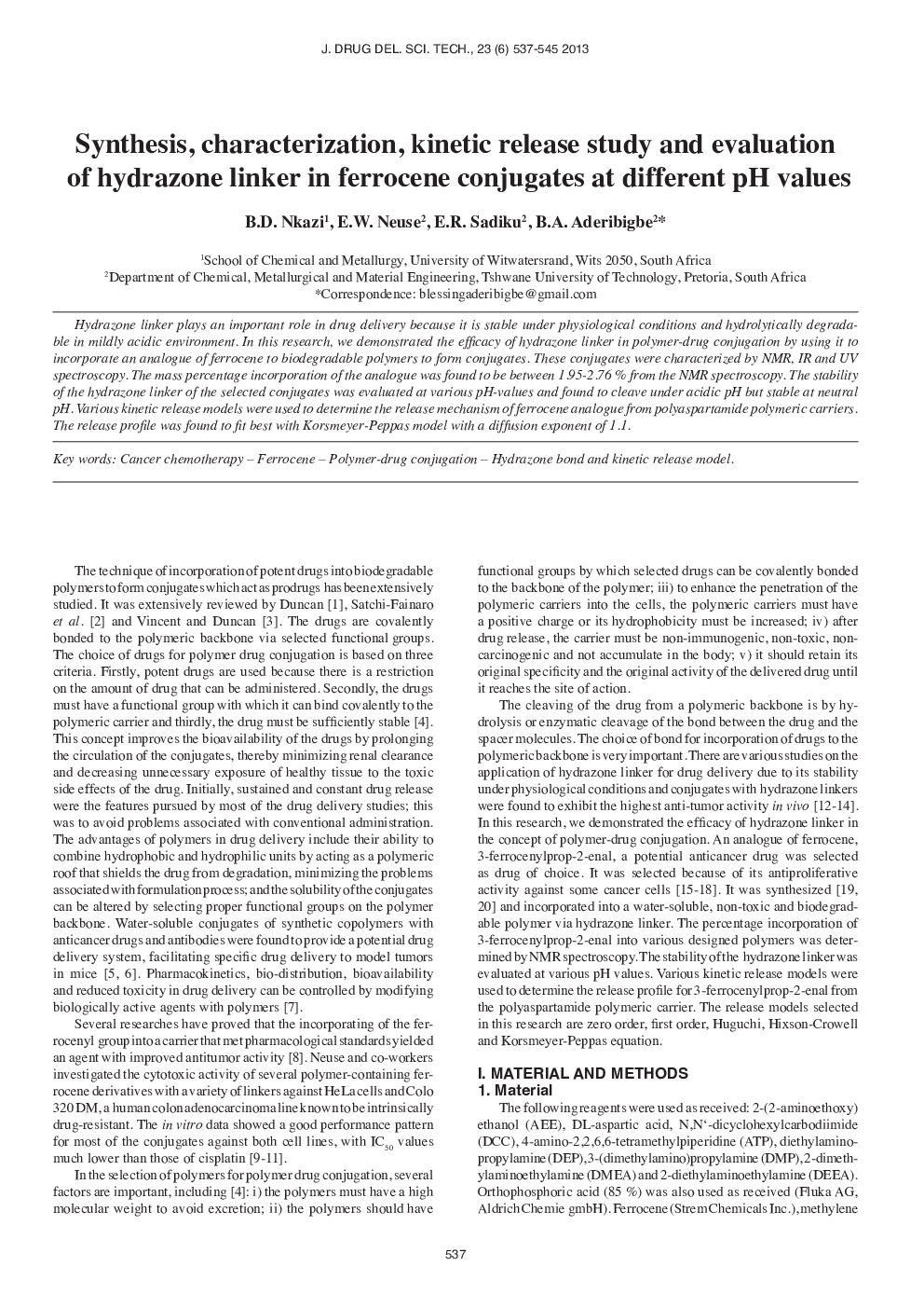 Synthesis, Characterization, Kinetic Release Study and Evaluation of Hydrazone Linker in Ferrocene Conjugates at Different pH Values