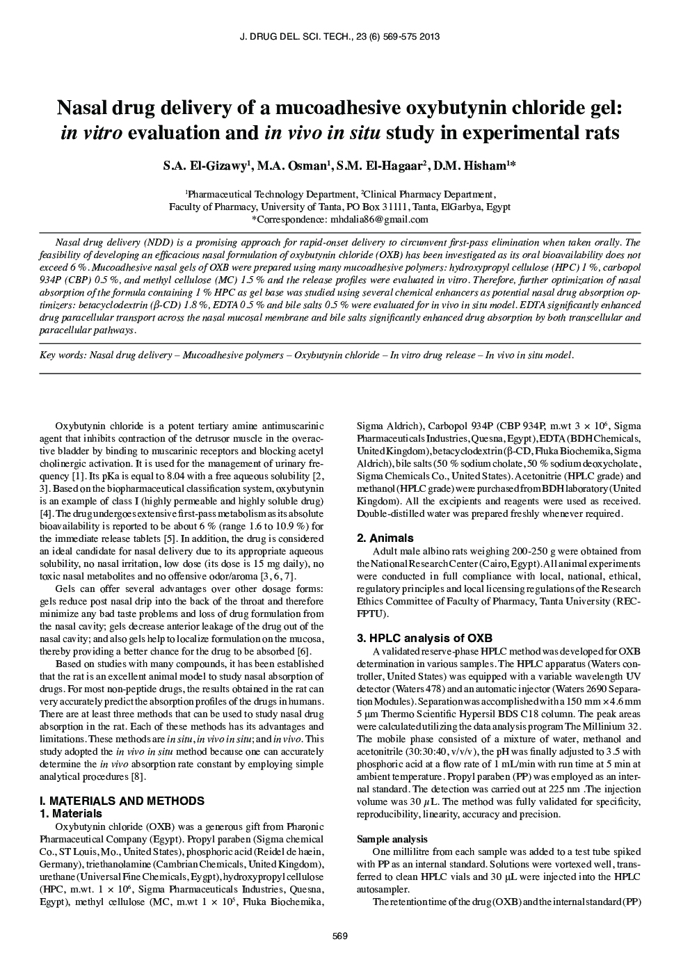 Nasal Drug Delivery of a Mucoadhesive Oxybutynin Chloride Gel: In Vitro Evaluation and In Vivo in Situ Study in Experimental Rats